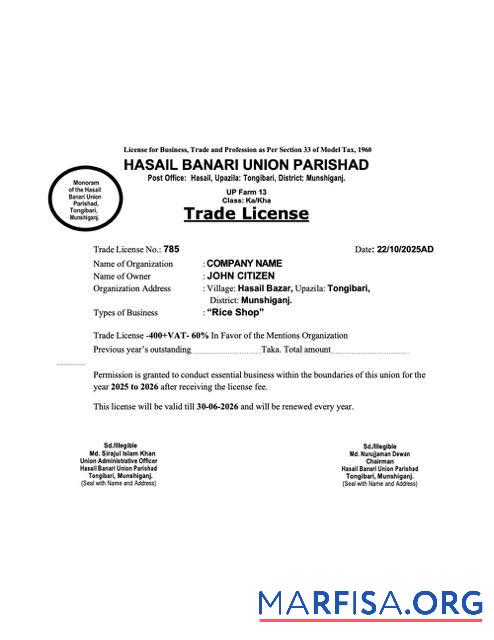 Blank Bangladesh Munshiganj trade license Word and PDF template
